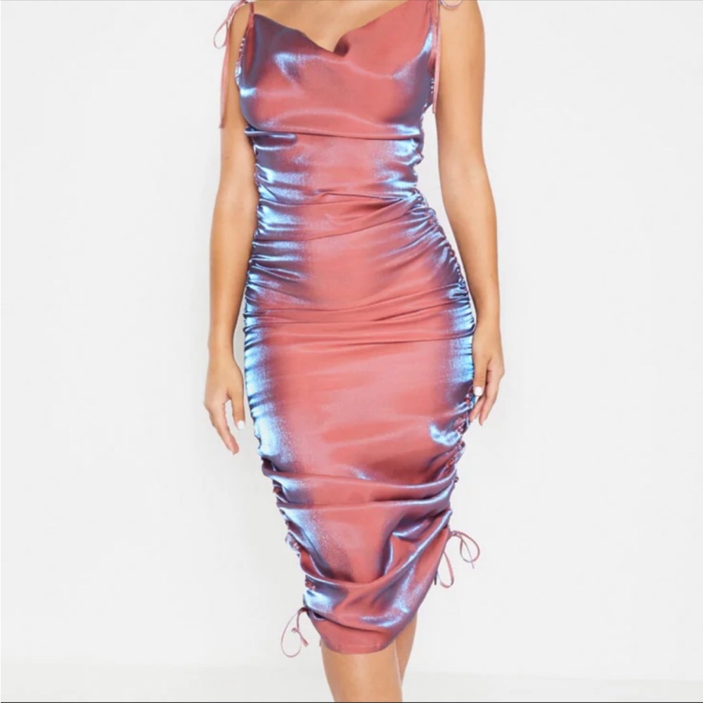 NWOT Pretty Little Thing Pink metallic tie strap midi dress